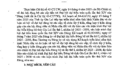 Kế hoạch triển khai nắm tình hình Nhân dân và dư luận xã hội về đại hội đảng bộ các cấp; tổ chức lấy ý kiến, tổng hợp ý kiến đóng góp của cán bộ, đảng viên và Nhân dân đối với các dự thảo Báo cáo chính trị Đại hội Đảng các cấp