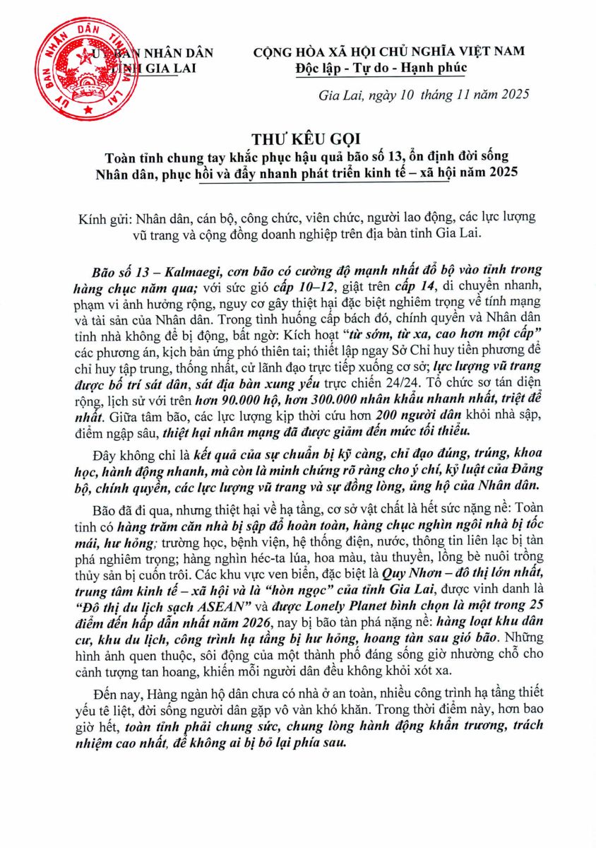 Thư kêu gọi toàn tỉnh chung tay khắc phục hậu quả bão số 13, ổn định đời sống Nhân dân, phục hồi và đẩy nhanh phát triển kinh tế - xã hội năm 2025